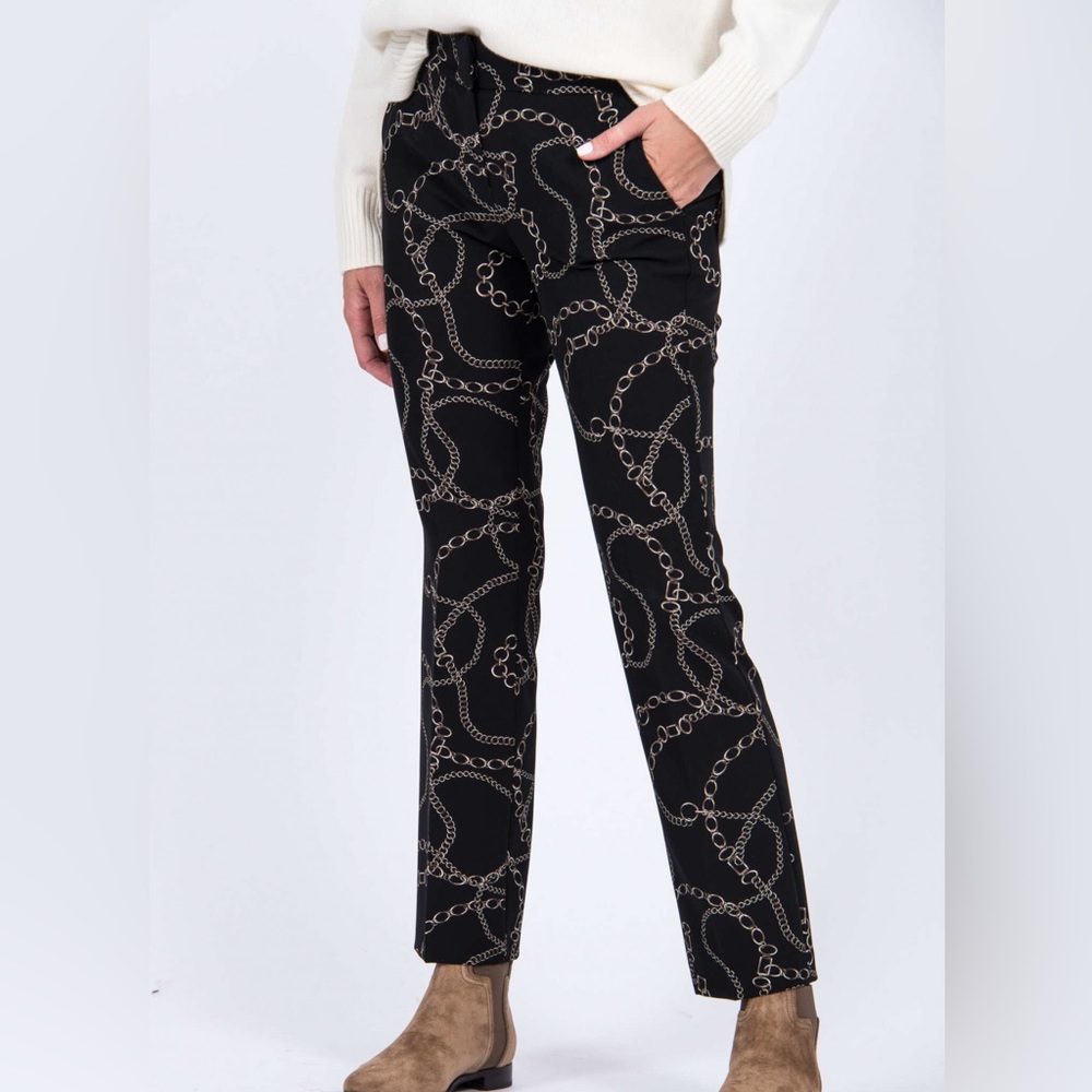 Cambio Renia Black & Gold 3D Chain Link Print Trouser Pants Tapered Mid-Rise